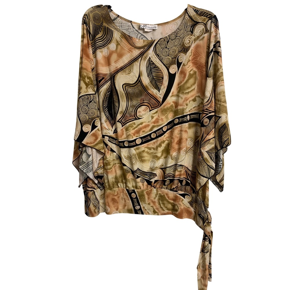 Dressbarn Abstract Earth Tone Kimono Sleeve Side Tie Blouse 2X